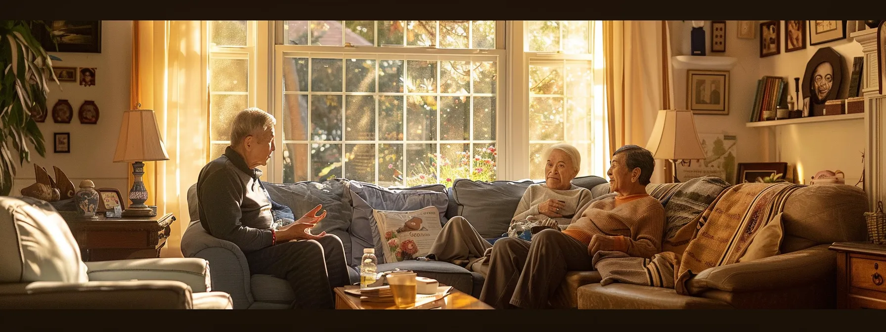 a warm and inviting in-home care setting features an elderly client engaged in a heartfelt conversation with a compassionate caregiver, surrounded by family photos and personal belongings that evoke a sense of trust and belonging.