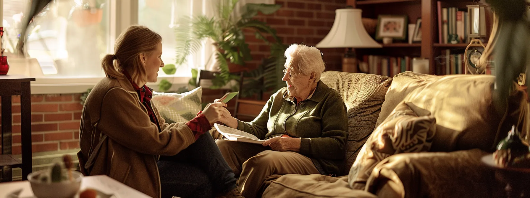 a warm, inviting in-home setting features a compassionate caregiver engaged in a heartfelt conversation with an elderly client, skillfully using active listening techniques to foster understanding and independence.