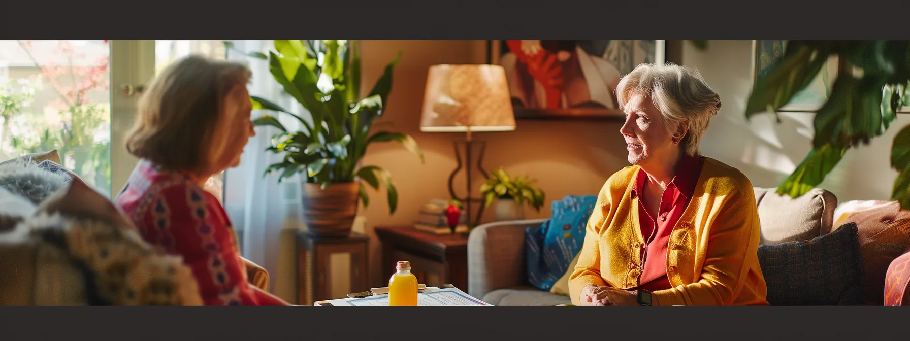 a warm, inviting living room setting showcases a senior care professional engaging an elderly client in an uplifting conversation, with colorful charts and goal-oriented plans on a table, highlighting a sense of empowerment and collaboration.