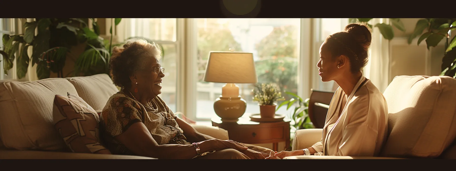 a compassionate in-home caregiver gently engages an elderly client in a cozy, well-lit living room, fostering a trusting atmosphere that addresses emotional barriers to care.