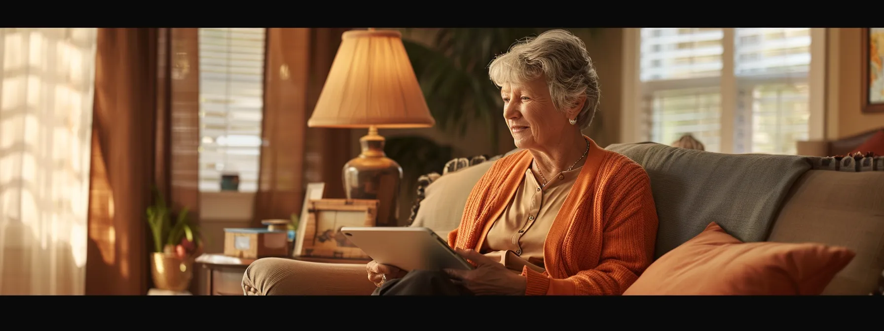 a warm and inviting living room scene showcases an elderly client engaged in a video consultation with a caregiver on a tablet, surrounded by informative resource booklets and wellness program materials, emphasizing empowerment through ongoing education and in-home care support.