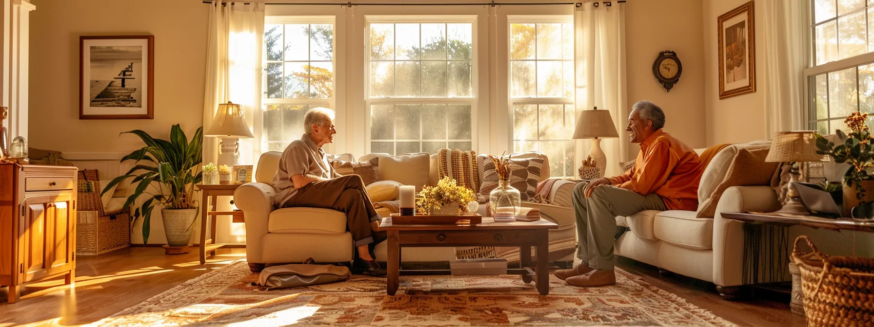 a warm and inviting living room scene features diverse seniors receiving compassionate mobility assistance from caregivers, showcasing a blend of comfortable furnishings and subtle southern architectural details, emphasizing the theme of independence and support in everyday life.