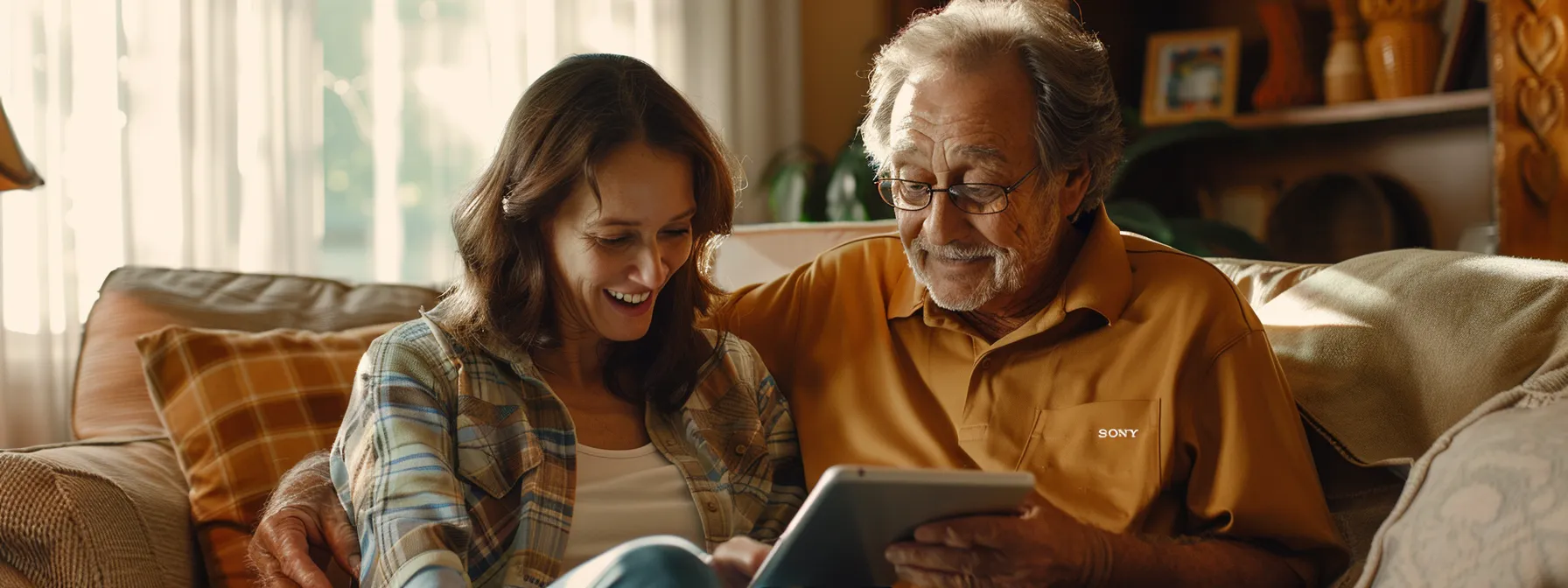 a warm, inviting in-home care setting showcases a caregiver attentively adjusting a chart on a tablet while celebrating a senior client's small victory, emphasizing the importance of personalized support and progress in home care.