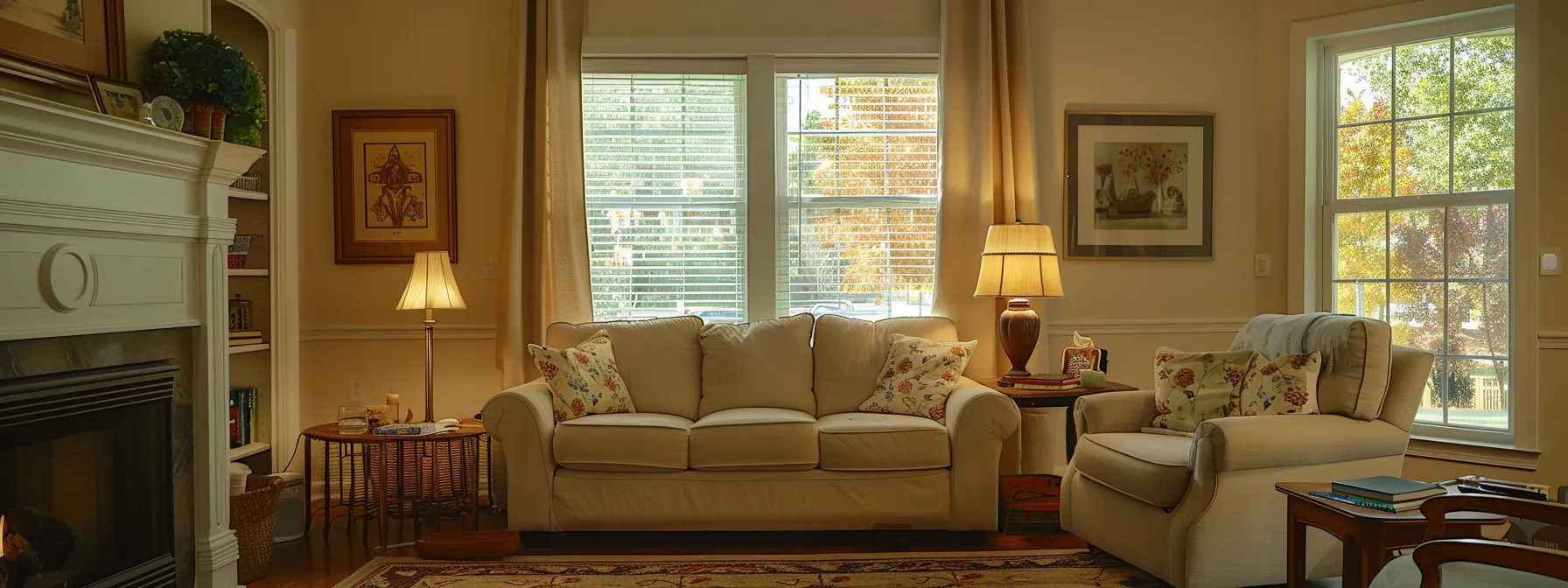 a warm, inviting living room in a suburban cobb county home showcases a diverse senior citizen receiving personalized mobility support from a compassionate caregiver, reflecting safety and independence amid cozy southern architecture.