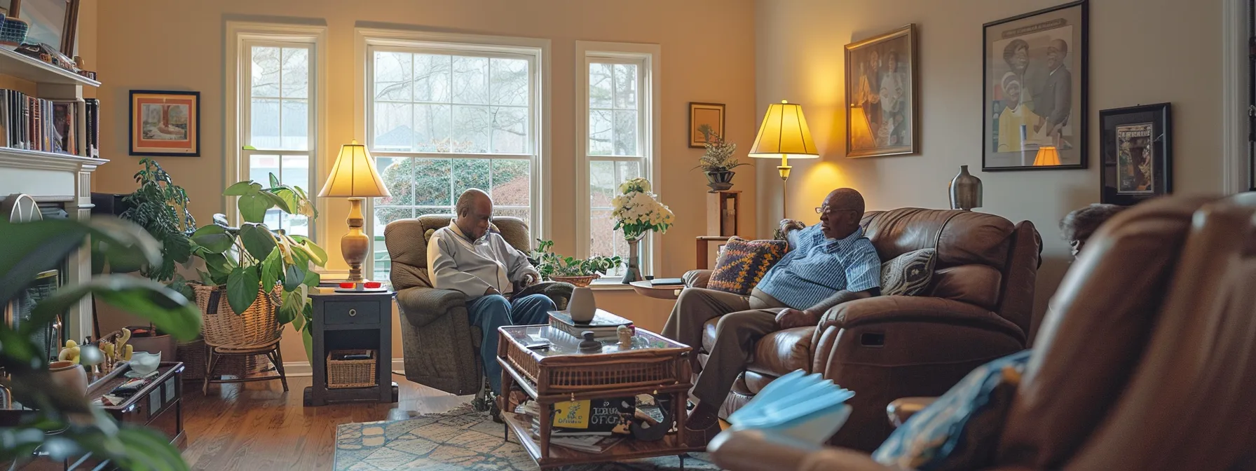 a warm and inviting suburban living room in cobb county showcases a diverse senior being assisted by a compassionate caregiver, highlighting their supportive interaction as they engage in daily tasks, surrounded by cozy décor that reflects a sense of safety and independence.