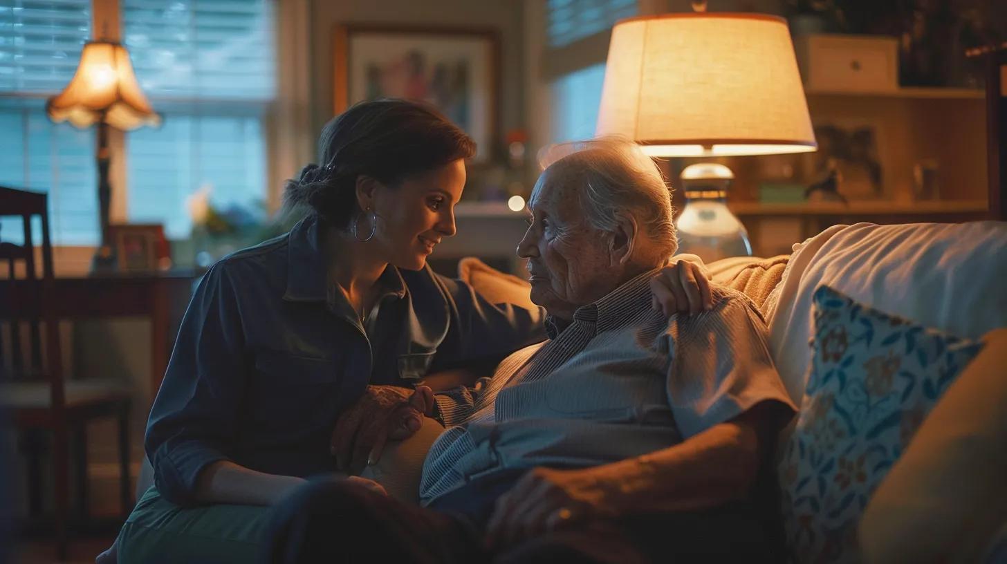 a compassionate caregiver gently assists an elderly parent in a softly lit, cozy living room in kennesaw, ga, creating an atmosphere of safety and trust as they navigate the complexities of 24-hour home care.