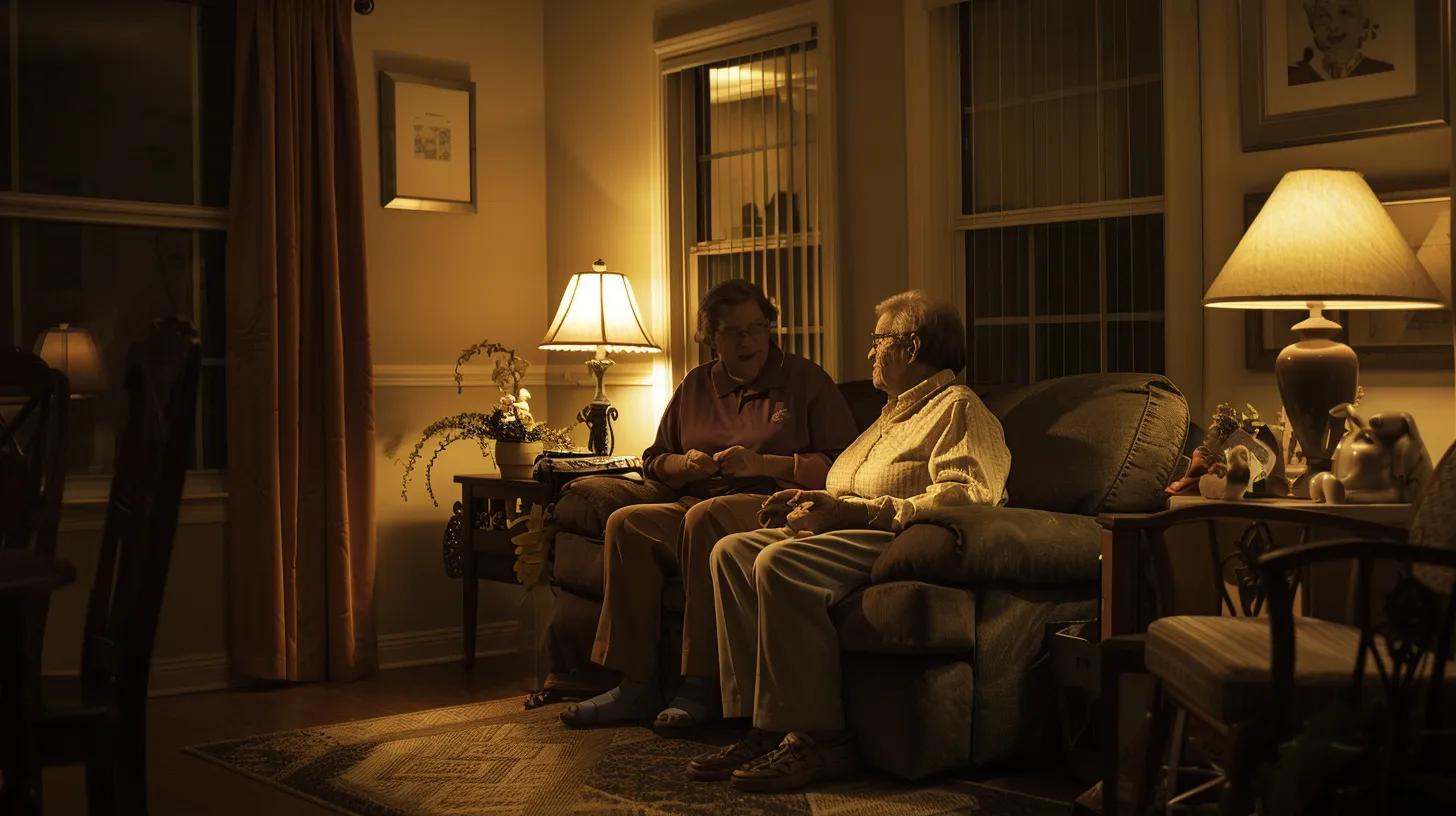 a serene nighttime scene in a cozy kennesaw, ga living room, where a compassionate caregiver gently assists an elderly parent, bathed in warm, soft lighting that evokes a sense of safety, peace of mind, and trust.