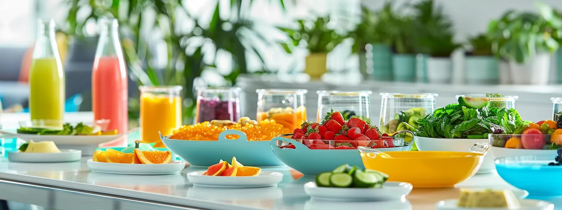 a vibrant office kitchen scene showcasing a sleek table filled with colorful, water-rich dishes and refreshing beverages, emphasizing the importance of hydration and balanced nutrition during the summer months.