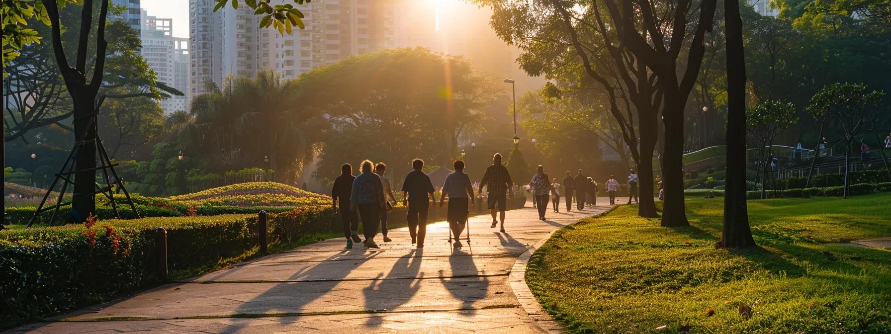 a vibrant urban park scene at dawn, showcasing a diverse group of seniors engaging in safe, light outdoor exercises along shaded pathways, with buildings silhouetted against the soft morning light.