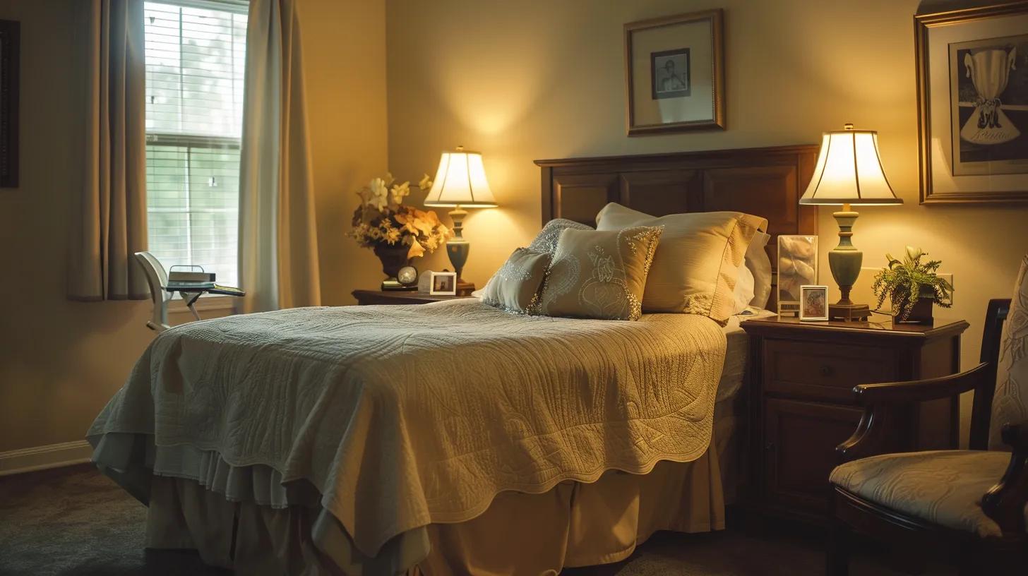 a warm and inviting bedroom in kennesaw, ga, illuminated by soft nighttime lighting, features a compassionate caregiver gently supporting an elderly resident, symbolizing trust and comfort in aging in place services.