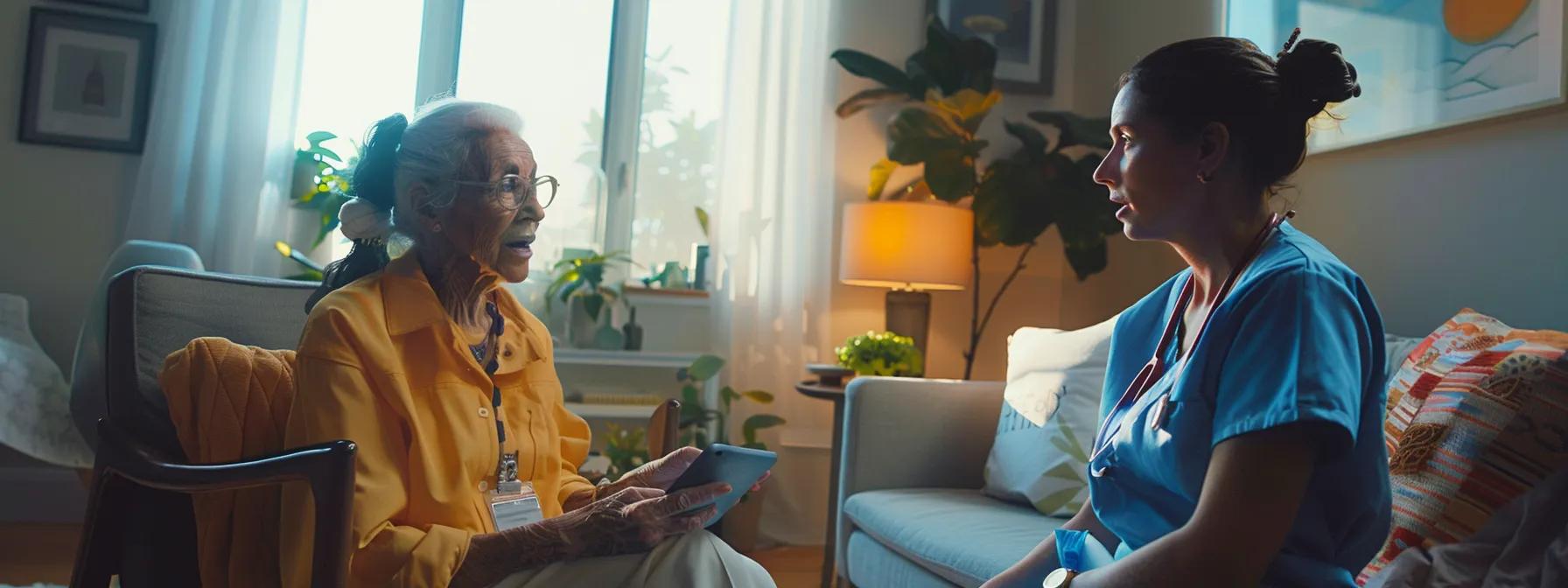 a bright, organized home care setting features a compassionate caregiver discussing a personalized recovery plan with an elderly patient, showcasing the essential elements of effective post-hospital care amid a cozy, welcoming interior.