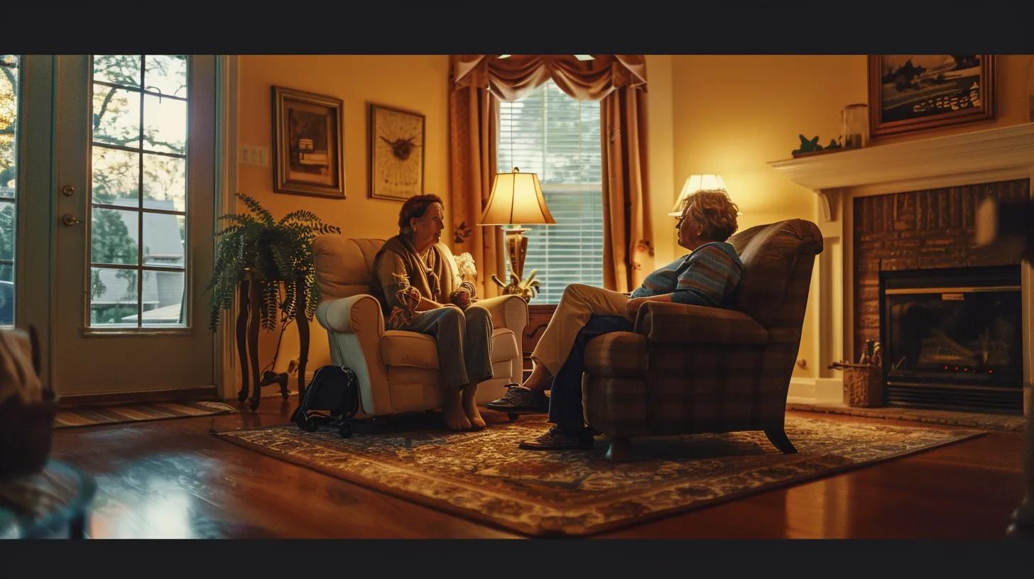 a cozy living room in a cobb county home, featuring a compassionate caregiver attentively assisting an elderly person in a comfortable armchair, while a relaxed family caregiver enjoys a peaceful moment nearby, all bathed in soft, warm lighting that enhances the nurturing atmosphere of support and connection.