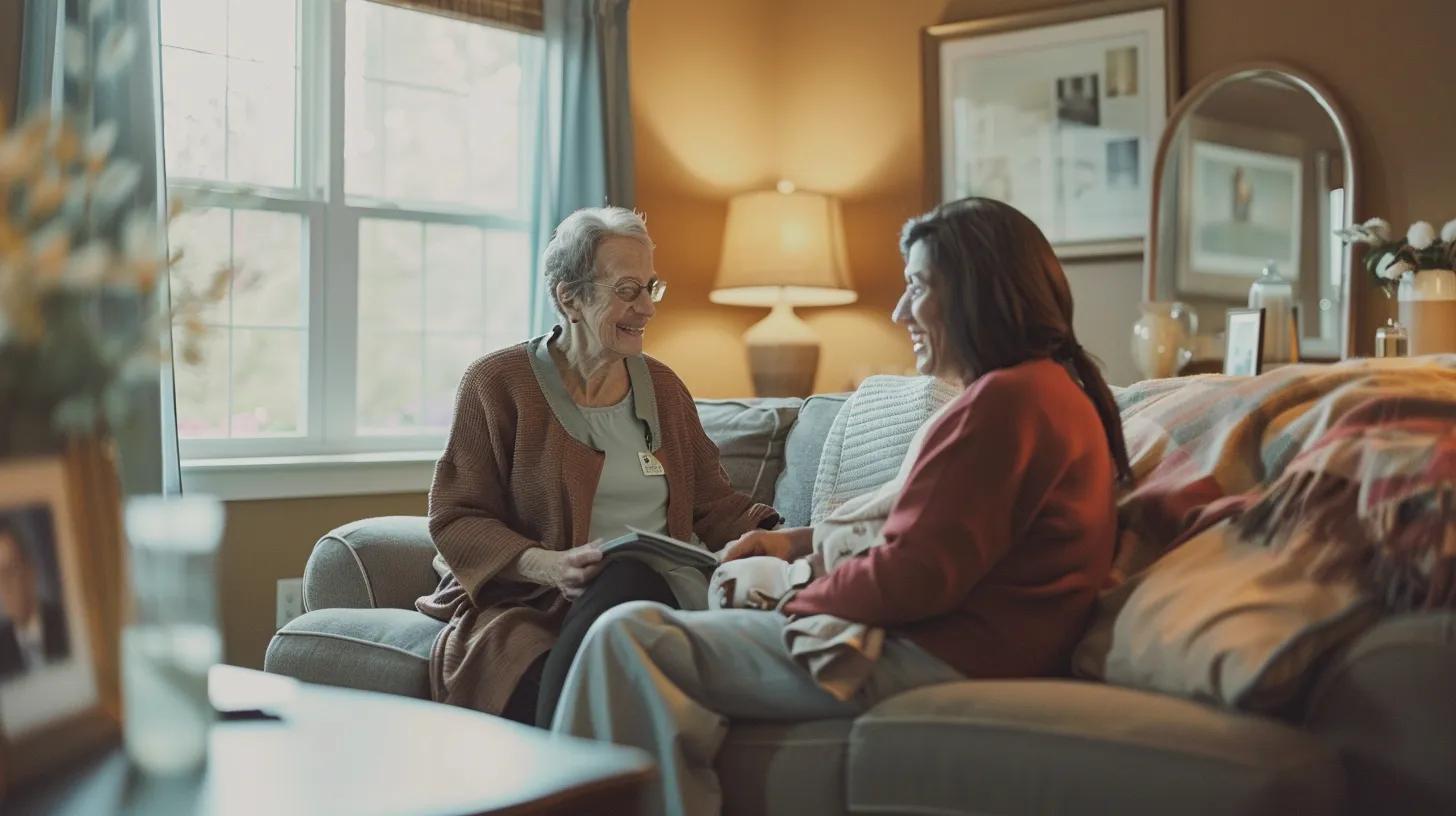 a cozy living room in cobb county, ga, showcases a caregiver attentively assisting an elderly person with a warm smile, while a family caregiver relaxes on a nearby sofa, embodying a nurturing and supportive atmosphere filled with trust and compassion.