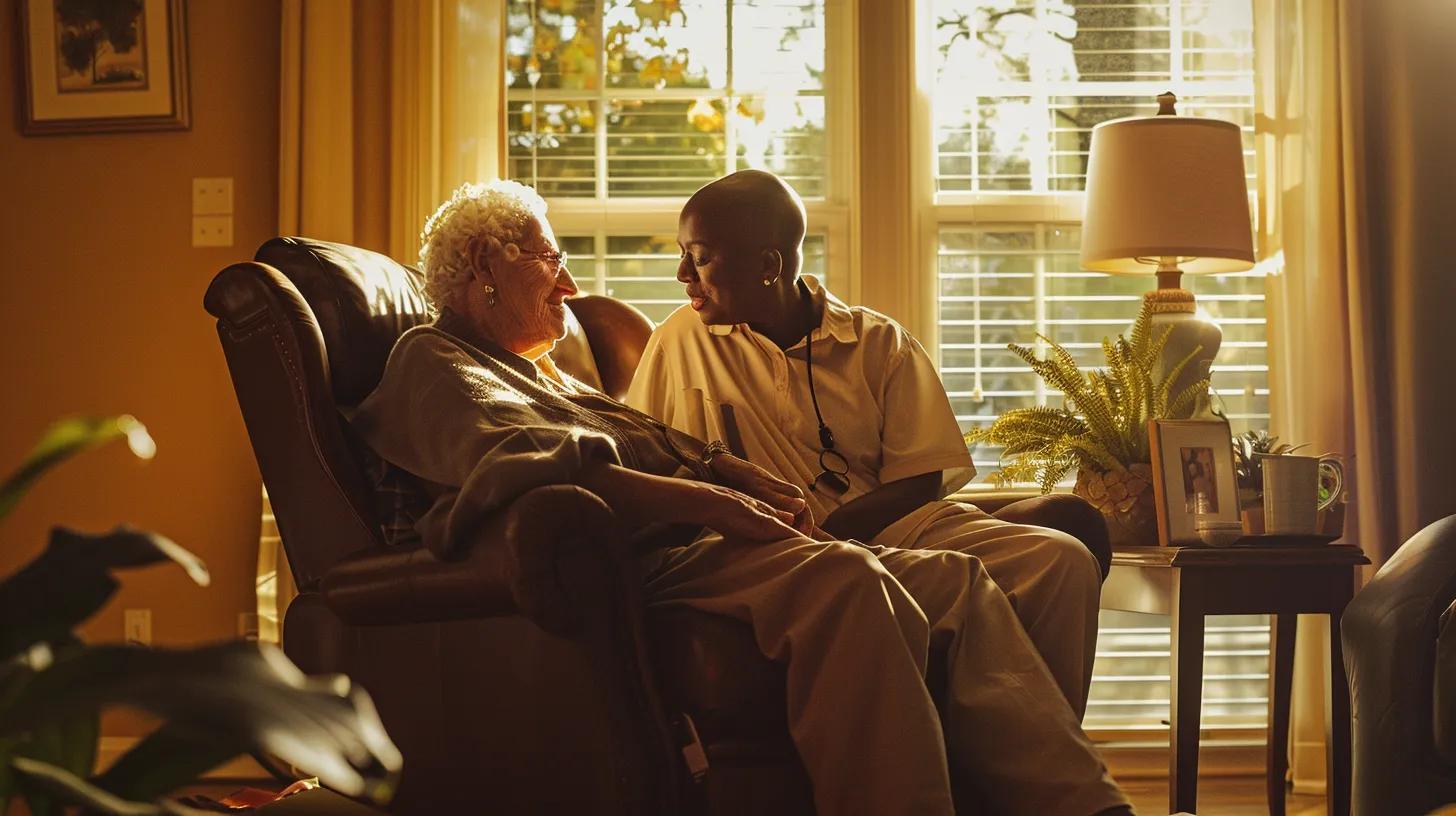 in a warmly lit kennesaw living room, a compassionate caregiver gently comforts an elderly parent, symbolizing trust and peace of mind in the essential decision of selecting the right 24-hour home care.