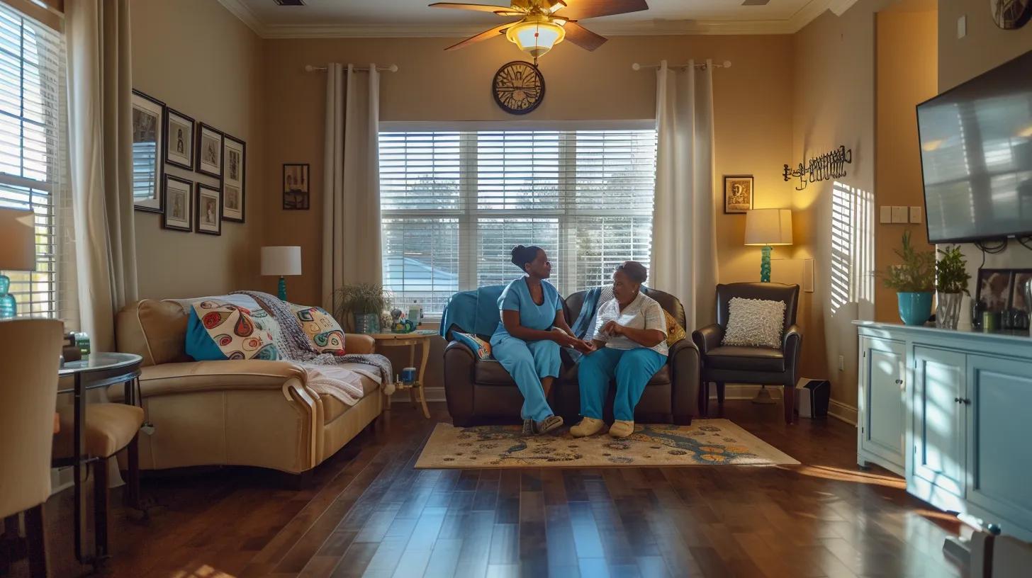 a warm and inviting living room in cobb county, ga, showcases a diverse caregiver gently assisting an elderly person while a relaxed family caregiver enjoys a peaceful moment nearby, encapsulating the compassionate support and balance provided by in-home respite care.