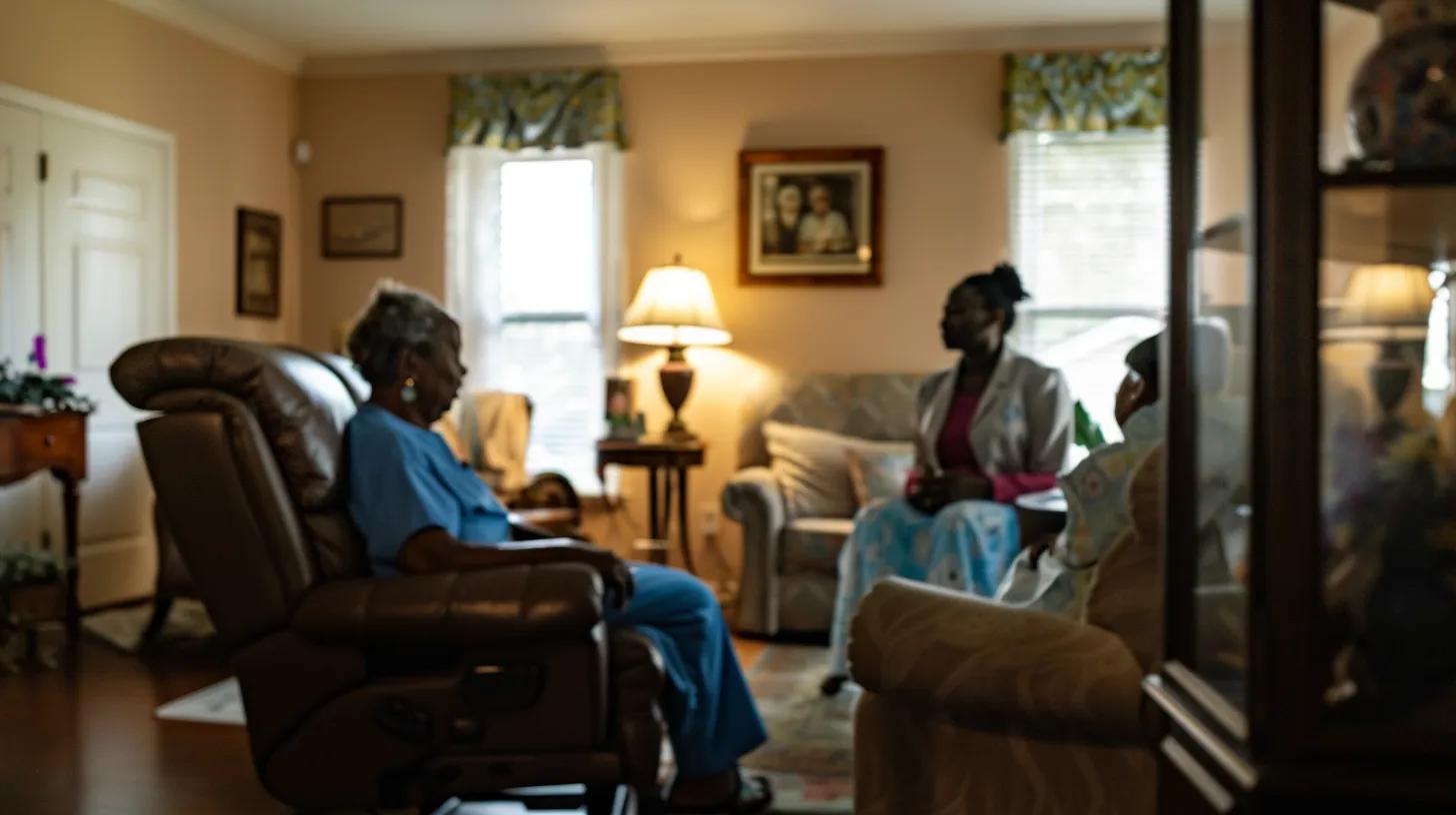 a warm, inviting living room in cobb county features a diverse caregiver compassionately attending to an elderly individual, while a relaxed family caregiver enjoys a moment of respite nearby, all illuminated by soft, ambient lighting that evokes a sense of trust and support.
