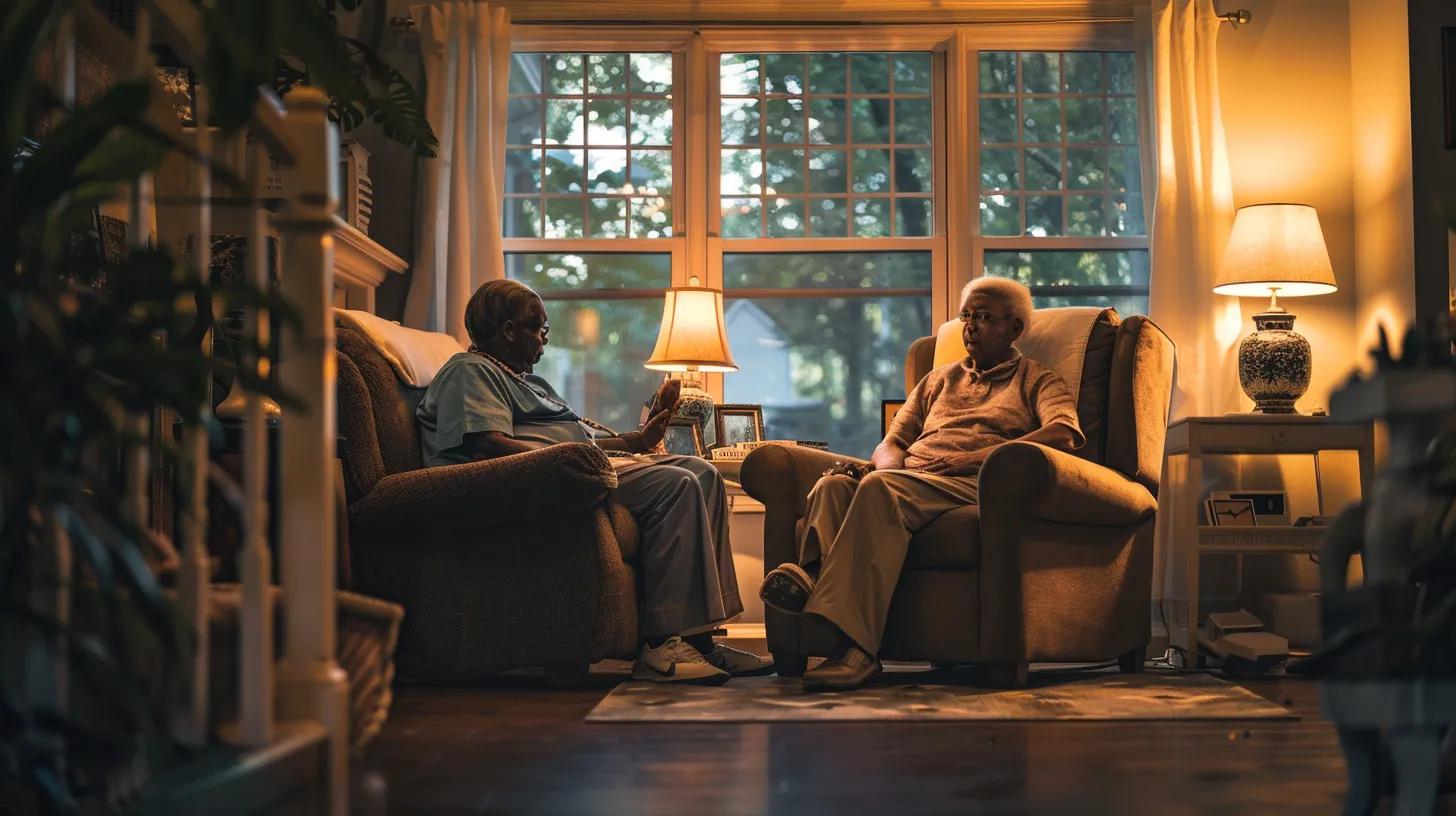 an inviting, warm living room in cobb county, ga, features a diverse caregiver gently assisting an elderly person in a cozy armchair, while a relaxed family caregiver enjoys a moment of peace nearby, all bathed in soft, comforting light that enhances the atmosphere of trust and support.