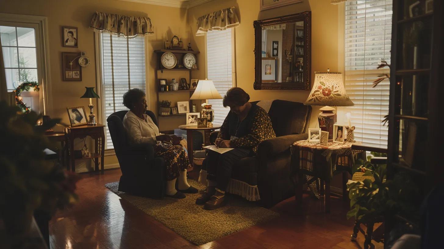 in a cozy, warmly lit living room in cobb county, a compassionate caregiver attentively assists an elderly individual while a visibly relaxed family caregiver enjoys a moment of reprieve nearby, embodying a supportive atmosphere that highlights the importance of respite care.
