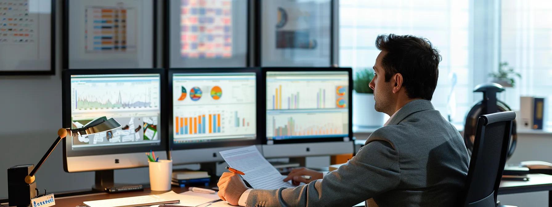 a focused office environment captures a business professional reviewing paperwork and documents related to the long-term care insurance application process, with a sleek desk and digital devices enhancing the sense of organization and thoroughness.
