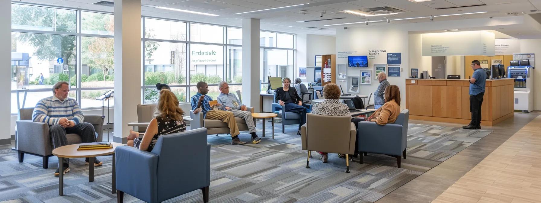 a modern office space featuring a diverse group of professionals engaged in a collaborative discussion, surrounded by informational brochures and digital displays about long-term care insurance and home support services for senior citizens.