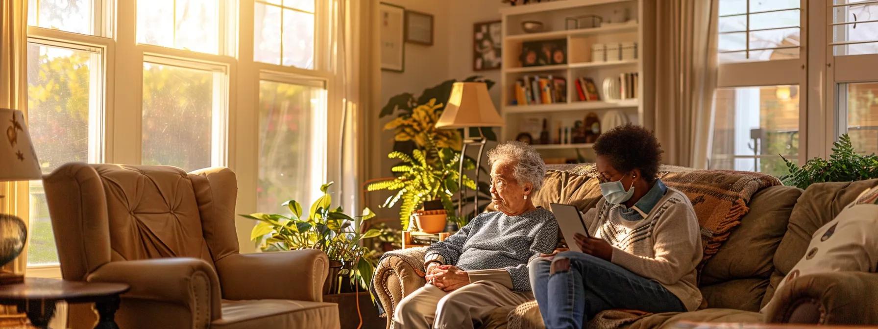 a warm and inviting home interior showcases a friendly caregiver assisting a senior citizen, highlighting the comfort and support provided by home care services in a cozy living room setting.