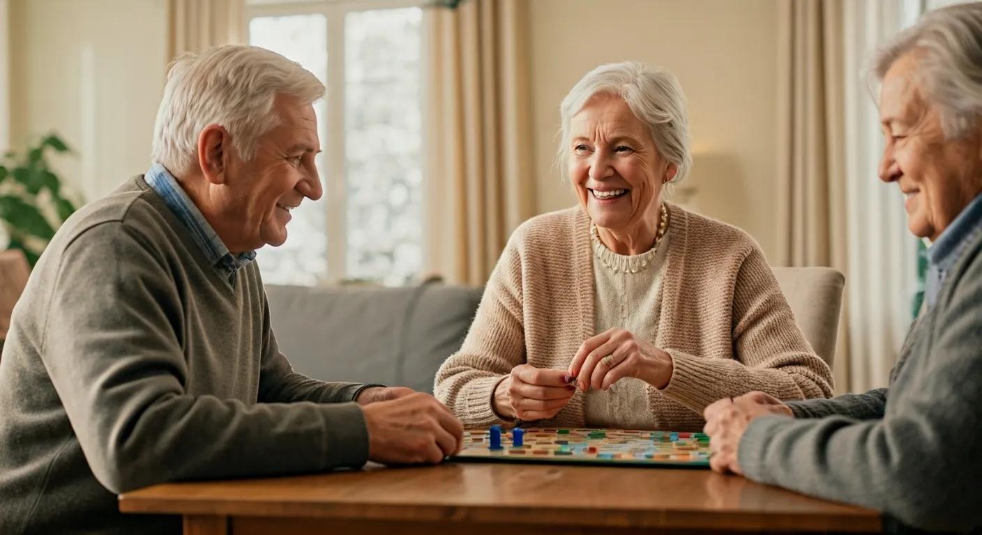 Elderly individuals enjoying social interaction through games in a cozy living room