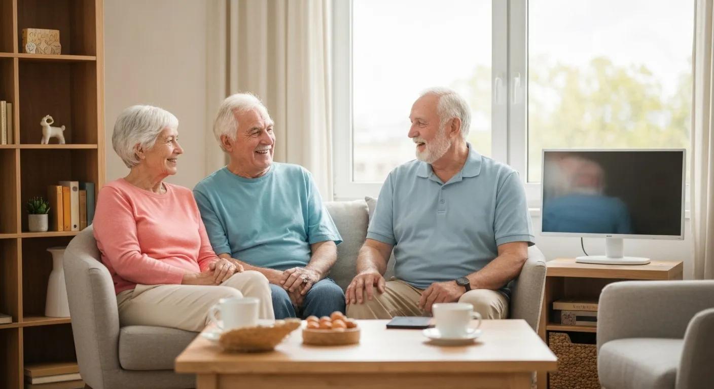 Senior couple enjoying home care in a cozy living room, highlighting comfort and independence