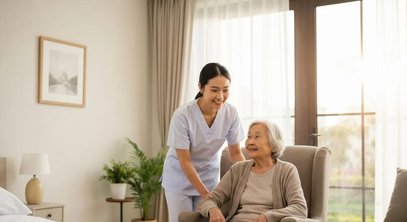 Compassionate caregiver assisting an elder in a comfortable home setting, symbolizing dedicated home health care services
